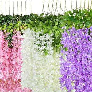 Home Logro Pack Of 12Piece Artificial Vine Fake Pink, Purple & White Wisteria Hanging Garland